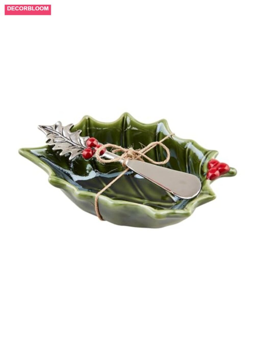 Hand Painted Stoneware Holly Leaf Tidbit Bowl & Spreader Set 2 Pc Christmas